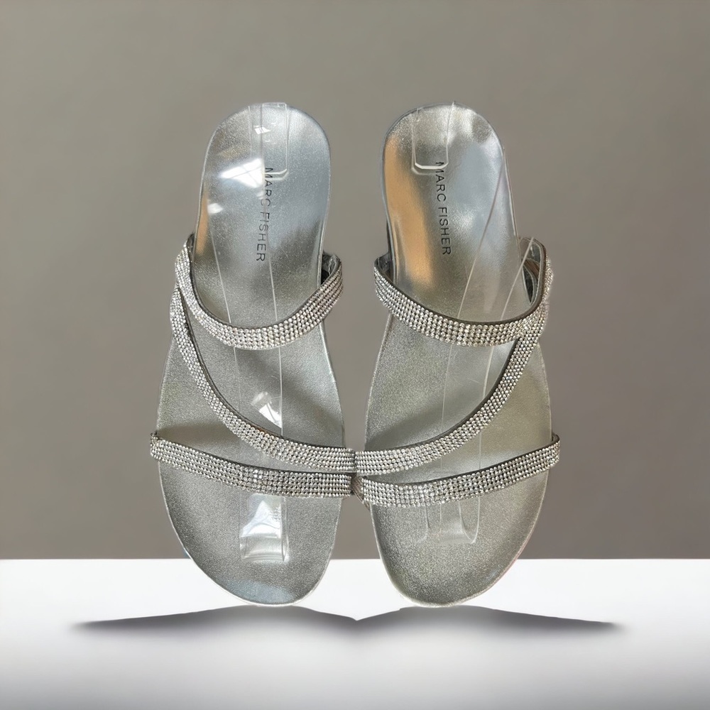 Marc Fisher • Silver Rhinestone Strappy Slide Sandal •Size 7.5